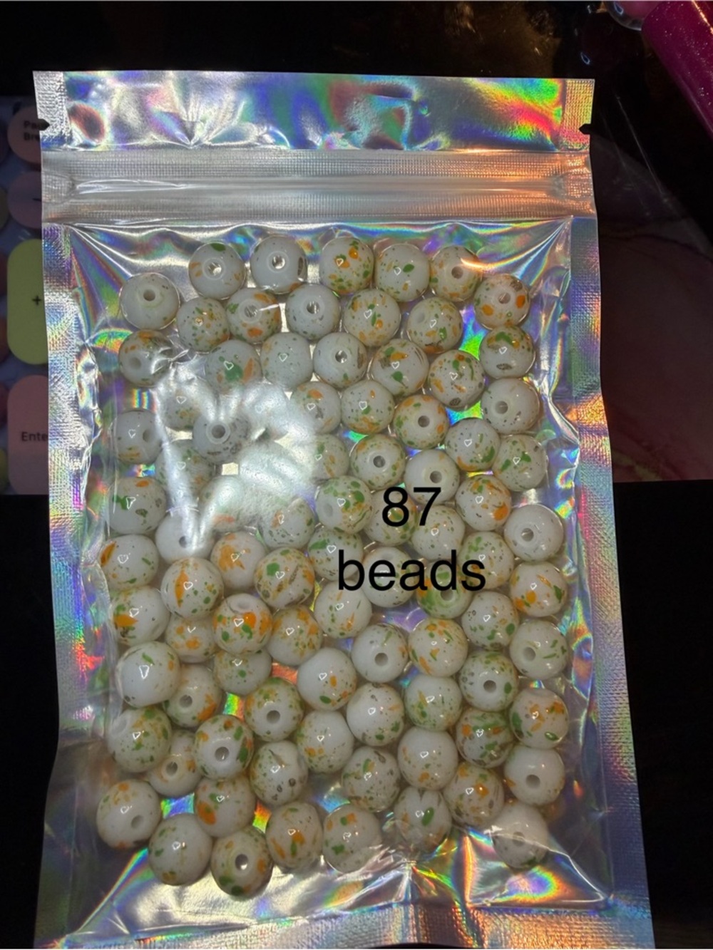 White Glass Beads with Orange & Green Speckles - 87 Pack